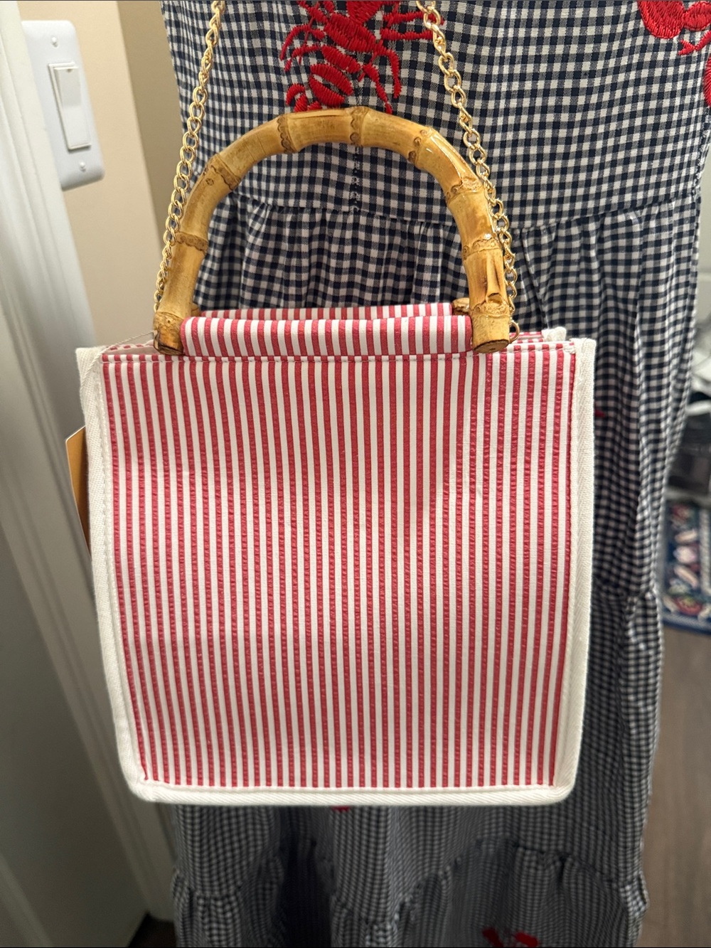 Blue and White Gingham Dress with Red embroidered lobsters. And matching purse. - Picture 8 of 12
